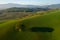 Aerial view of the fields, wineries near San Quirico d`Orcia. Tuscany autumn sunrise