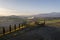 Aerial view of the fields, wineries near San Quirico d`Orcia. Tuscany autumn sunrise