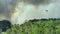 Aerial view of fire department helicopter extinguishing wildfire burning severely in Florida jungle woods. Emergency