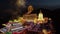 Aerial view fireworks at Kek Lok Si temple in night led lighting