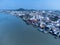 Aerial view of fisherman dock which has many ships anchoring for transport seafood