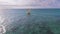 Aerial view of fishermen go out on sailboats to the ocean for fishing. Zanzibar.