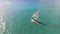 Aerial view of fishermen go out on sailboats to the ocean for fishing. Zanzibar.