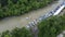 Aerial view fishing boat arrive fisherman jetty nearby mangrove trees