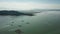 Aerial view fishing boat move near the fish farm and Jetty Batu Musangn.