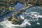 Aerial view of fishing boats anchored in Perkins Cove, on coast of Maine south of Portland