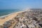 Aerial view of fishing village, pirogues fishing boats in Kayar, Senegal.  Photo made by drone from above. Africa Landscapes