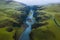 Aerial view of Fjadrargljufur Volcanic Canyon Iceland on moody overcast weather