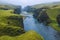 Aerial view of Fjadrargljufur Volcanic Canyon Iceland on moody overcast weather