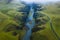 Aerial view of Fjadrargljufur Volcanic Canyon Iceland on moody overcast weather