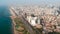 Aerial view of flight above Tel Aviv, Israel with city skyline. Epic shot over sea shore. Amazing aerial shot. flight of