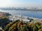 Aerial view flight over the passenger terminal in port. The new building of the Northern River Station in Moscow in autumn