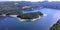 An aerial view from a float plane of montague bay on the tree covered Galiano island in the Gulf Islands of British Columbia