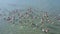 Aerial view of a flock of pink flamingos over de marsh of Santapola, Spain.