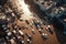 aerial view of flooded cityscape with boats and cars stranded on streets