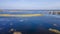 Aerial view flooded forest and fields. The high waters flooded a big area of farm land