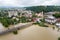 Aerial view of flooded houses with dirty water of Dnister river in Halych town, western Ukraine