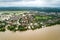 Aerial view of flooded houses with dirty water of Dnister river in Halych town, western Ukraine