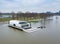 Aerial view of flooded lake with a modern house near the city of Roermond, Limburg, the Netherlands