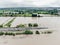 Aerial view of the flooded streets and houses in the city. Global catastrophe, climate change, flood concept