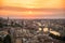 Aerial view of Florence at sunset with the Ponte Vecchio and the Arno river, Tuscany Italy