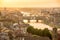 Aerial view of Florence at sunset with the Ponte Vecchio and the Arno river, Tuscany Italy