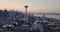 Aerial View Flying into Downtown Seattle Washington Near the Space Needle