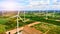 Aerial view from flying drone wind turbine