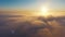 Aerial View. Flying in fog, fly in mist. Aerial camera shot. Flight above the clouds towards the sun. Misty weather