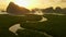 Aerial view flying forward to the sea,sunrise over mountain, Phang nga, Thailand