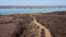 Aerial view, flying over a dirt road in steppe, in the background the pond and village. Camera moving forwards above steppe to the