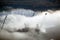 Aerial view of fog over Bath Iron Works and Kennebec River in Maine. Bath Iron Works is a leader in surface combatant design and