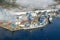 Aerial view of fog over Bath Iron Works and Kennebec River in Maine. Bath Iron Works is a leader in surface combatant design and