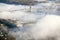 Aerial view of fog over Bath Iron Works and Kennebec River in Maine. Bath Iron Works is a leader in surface combatant design and