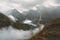 Aerial view foggy mountains in Norway landscape autumn season travel wilderness Jotunheimen