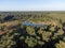 Aerial view on forest and lakes. Sunny morning in Nature protected park area De Malpie near Eindhoven, North Brabant, Netherlands