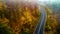 Aerial view of forest road in beautiful autumn. Mountain roads details with colourful landscape and yellow trees