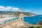 Aerial view of Fortress Vila Vella and Badia de Tossa bay at sum