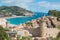 Aerial view of Fortress Vila Vella and Badia de Tossa bay at sum