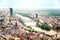 Aerial view of Frankfurt Um Main - old city center, European Central Bank building and river Main