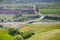 Aerial view of freeway junction and agricultural fields, mountain background, south San Francisco bay, San Jose, California