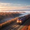 Aerial view of freight train and beautiful forest in fog at sunrise in autumn. Colorful landscape with