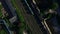 Aerial view freight trains on railway industrial factory. Cargo trains top view