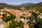Aerial view of French commune of Quillan on Aude River in summer