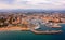 Aerial view of French town of Frejus on Mediterranean coast overlooking marina