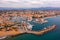 Aerial view of French town of Frejus on Mediterranean coast overlooking marina