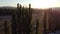 aerial view of a freshly harvested field dotted with haystacks during sunset. It is perfect for illustrating the farming