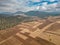 Aerial view of freshly ploughed fields in autumn after harvest