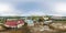 aerial view full hdri seamless spherical 360 panorama over construction site of old abandoned medieval building near bridge across