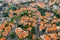 Aerial view of the Funchal old town - the capital of Madeira island during cloudy weather.